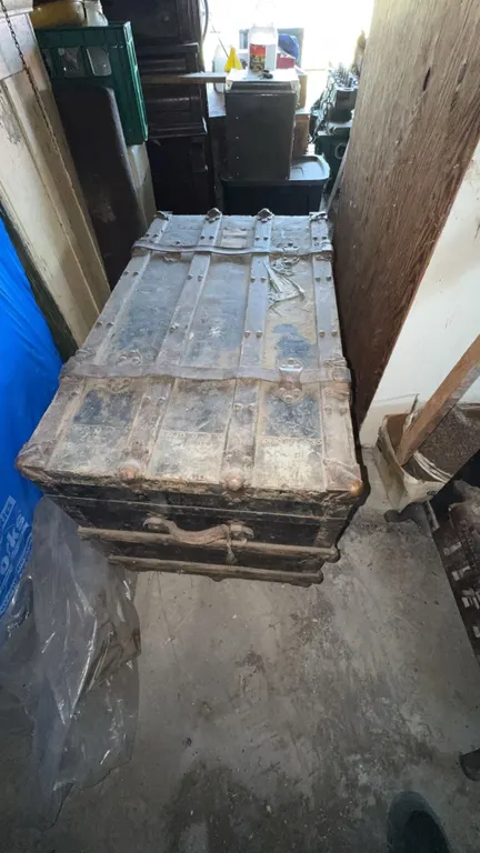 Large Wood and Metal Steamer Trunk with Contents