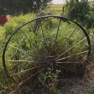 Antique Steel Hay Rake with Large Spoked Wheels