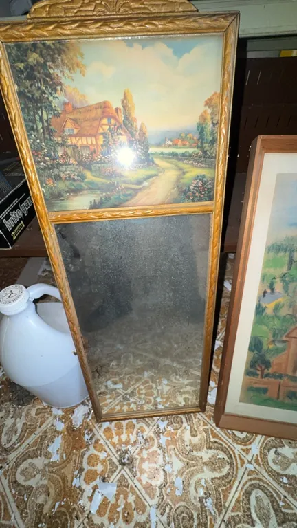 Framed Wall Mirror With Countryside Print & Framed Pastel Village Artwork