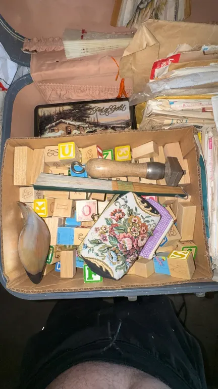 Vintage Suitcase With Sewing Patterns, Fans, Blocks, and Collectibles