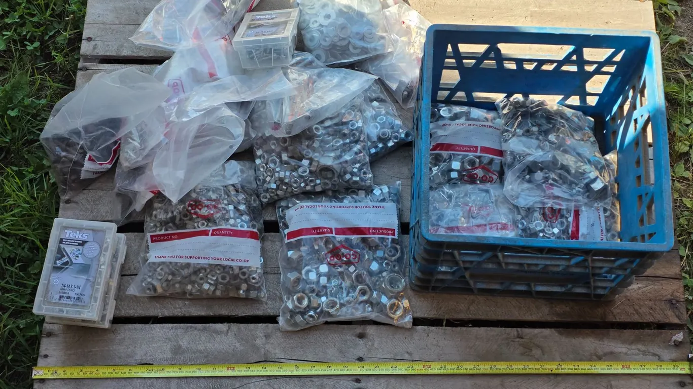 Assorted Nuts, Bolts, Washers, in Milk Crate