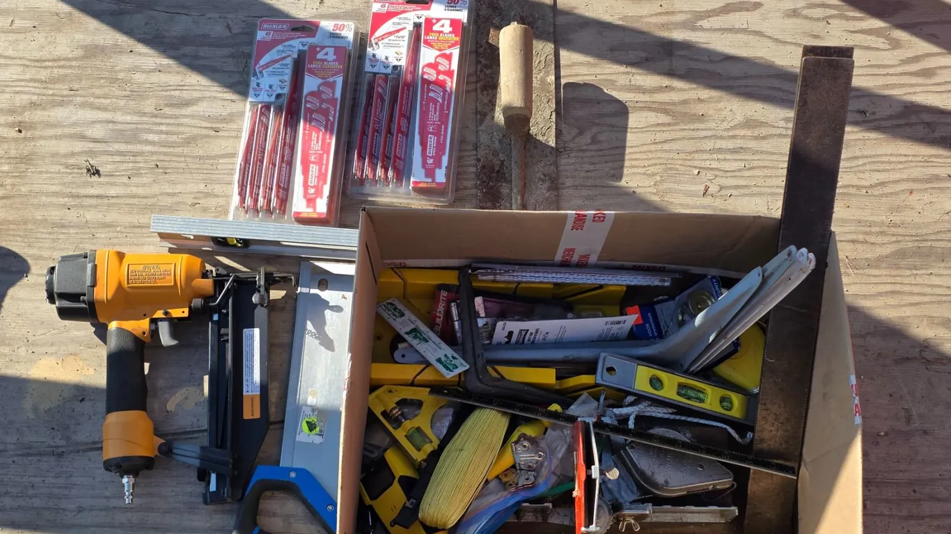 Assorted Hardware Lot inc. Air Nailer, Saw Blades, Brackets, etc.