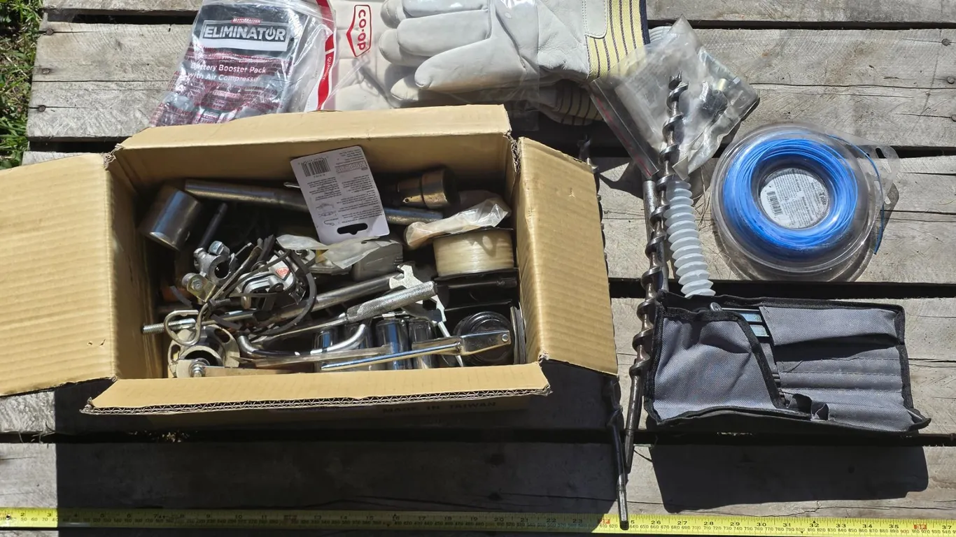 Box of Misc. Tools inc. Large Drill Bits, Sockets, Gloves etc.