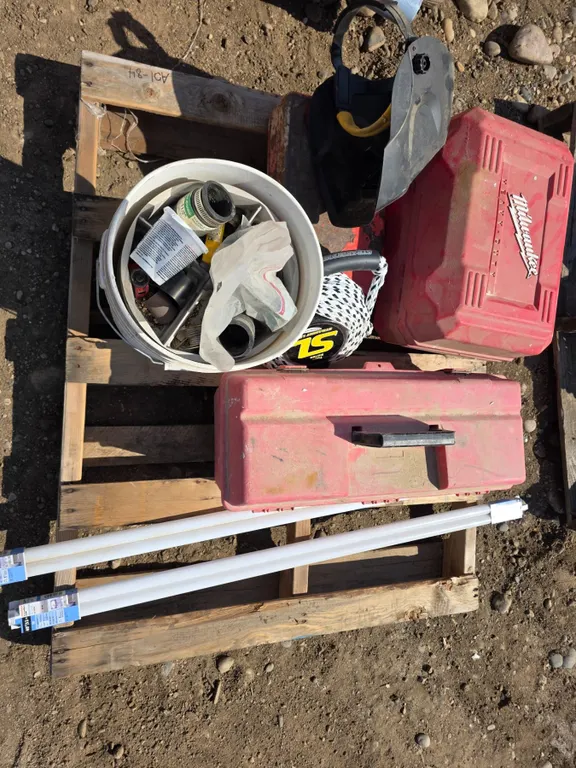 pallet of hardware and tool box with contents