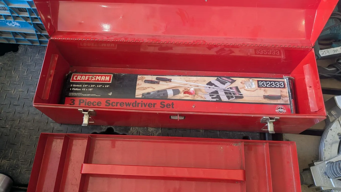 32" metal toolbox with long craftsman screwdrivers