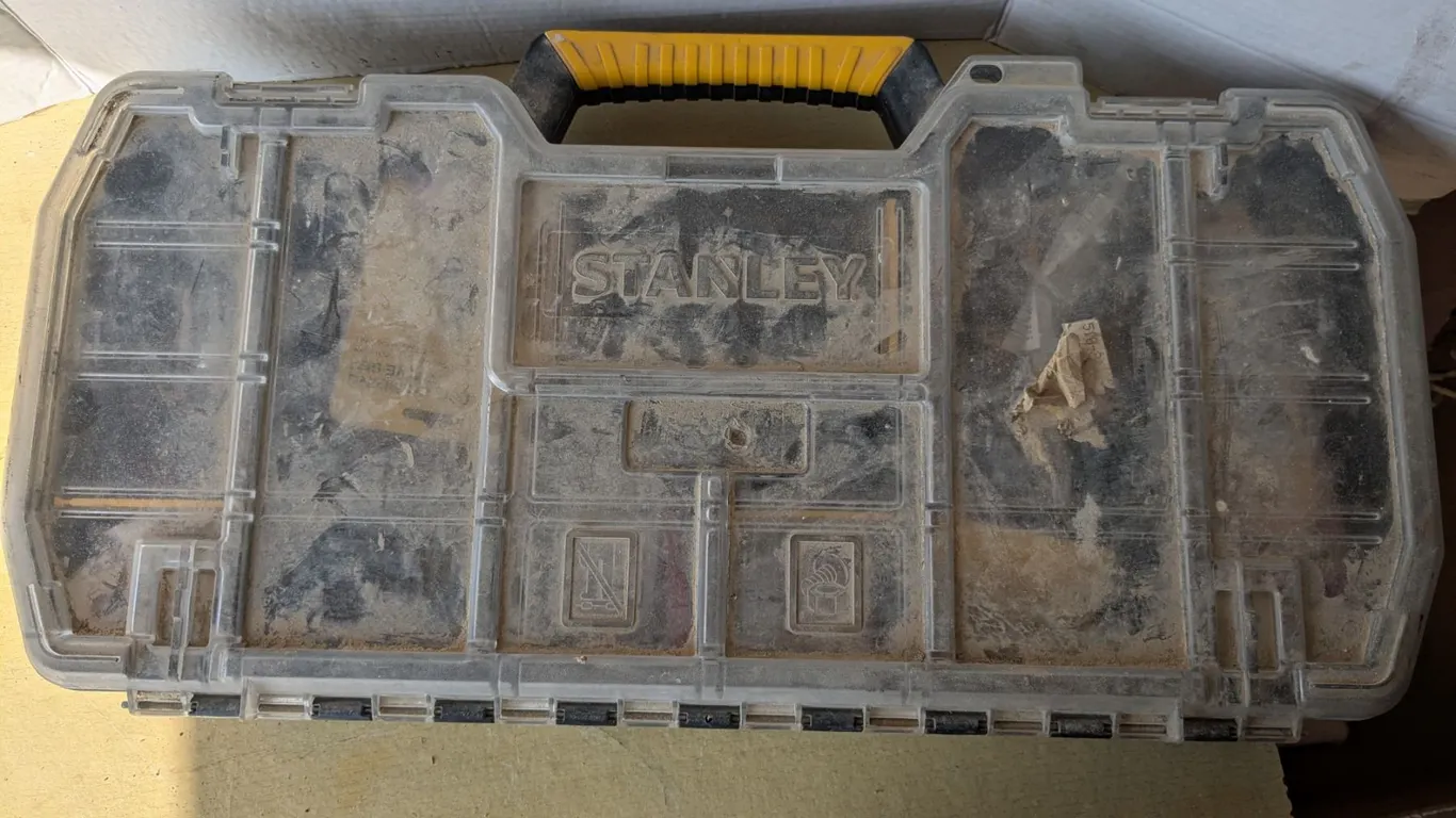 Stanley tool/hardware tray with assorted tools and hardware