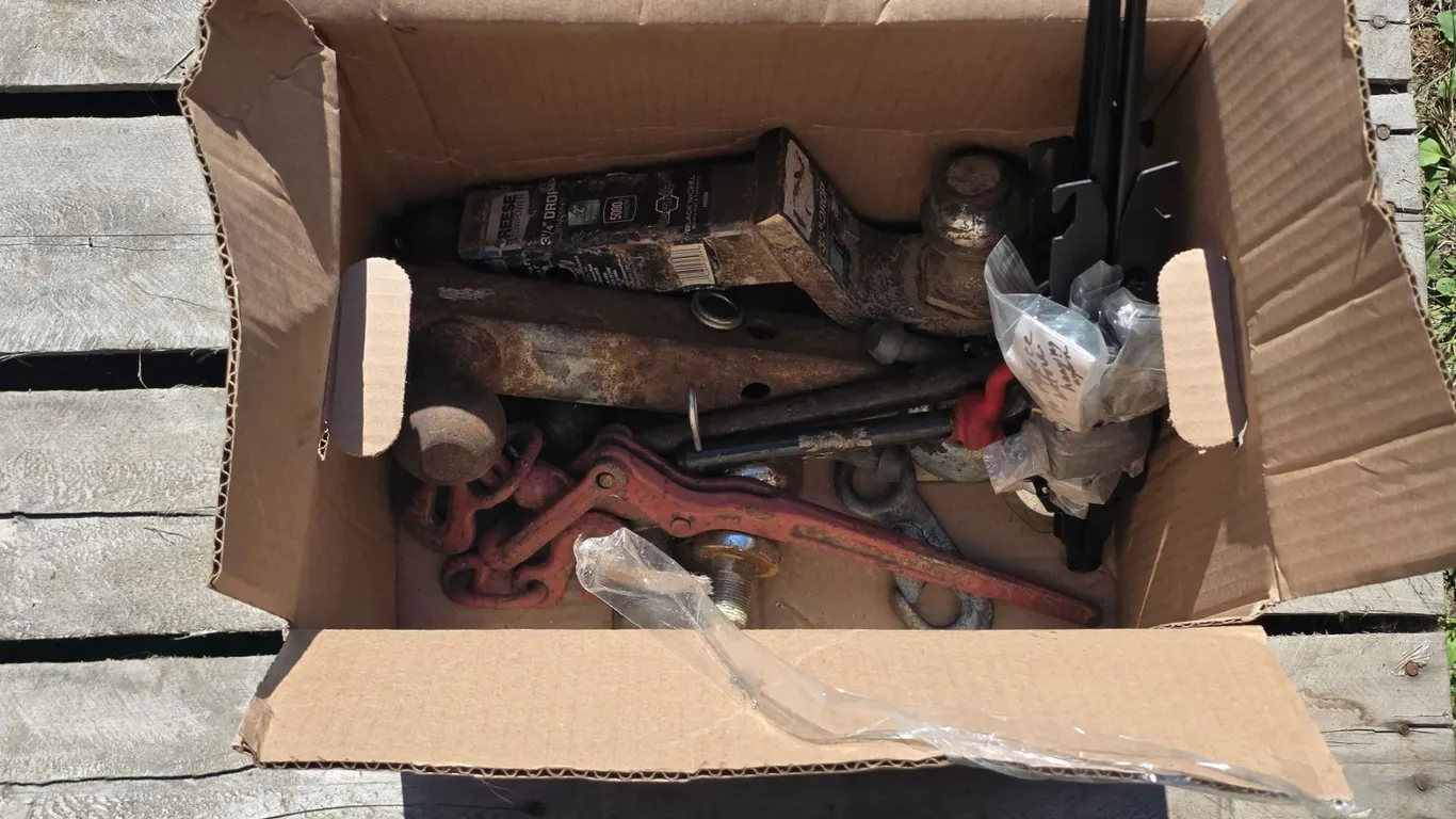 Box of Hitches, Chain Tightener, etc.