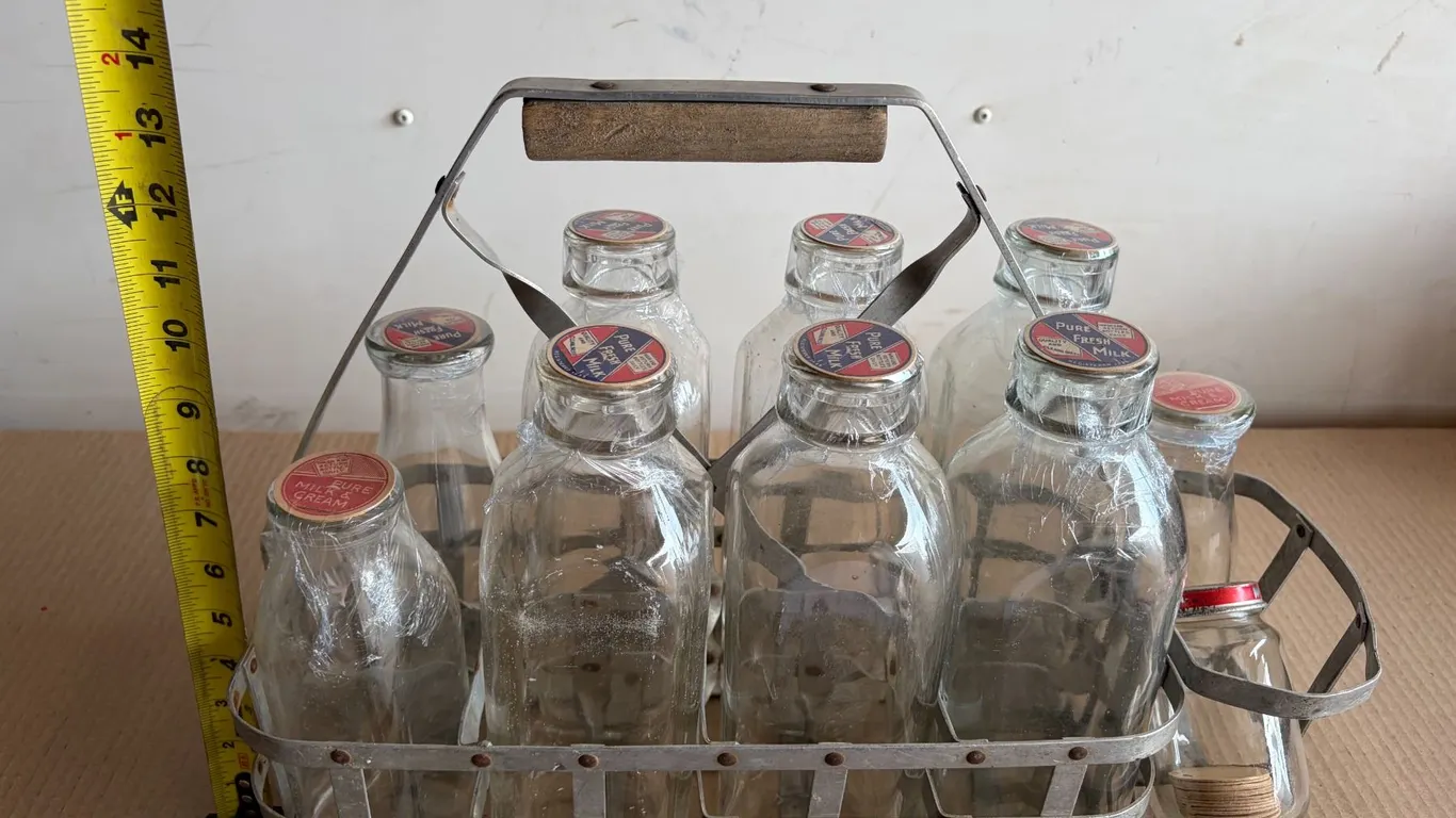 Lot of Vintage Glass Dairy Bottles w/ Metal Carry Tray