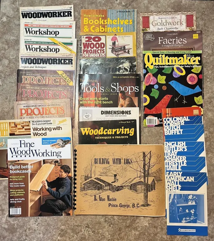 Lot of crafting magazines, woodworking, quilting, etc.