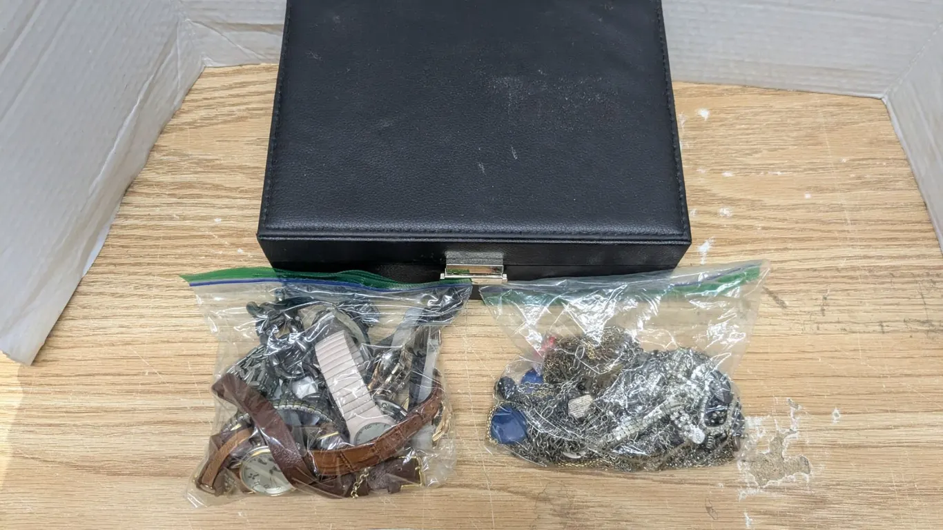 Jewellery box with 1 bag mixed watches, with one bag necklaces etc.