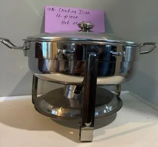 Chafing Dish Buffet Set. New. C/W Stand, Fuel Can Holder, Water Tray, Food Tray, and Lid.