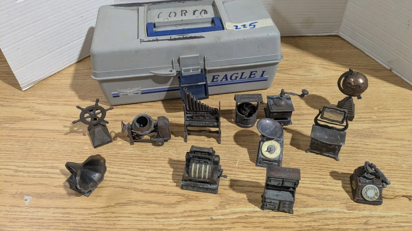 Small Brass Pencil Sharpeners in Plastic Tackle Box