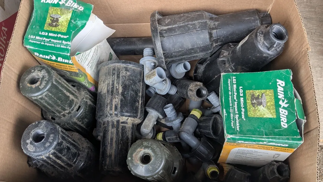 Rainbird irrigation lot, sprinklers and fittings, etc