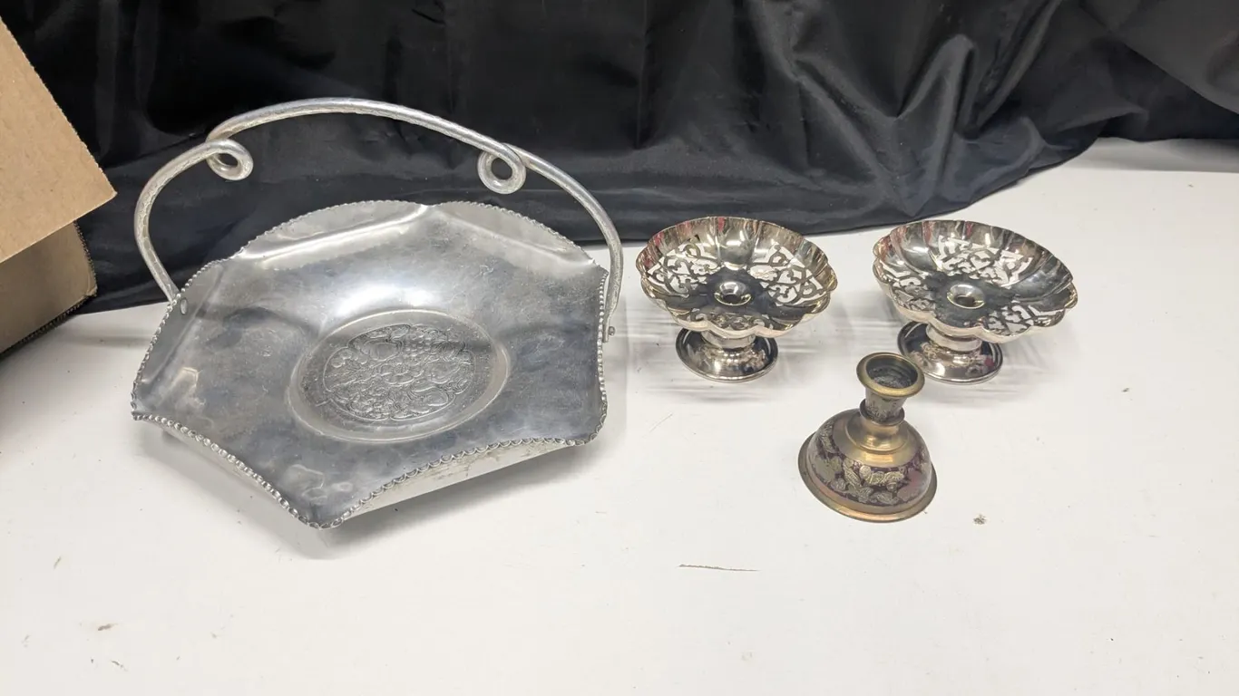 Metal dish and candle holders