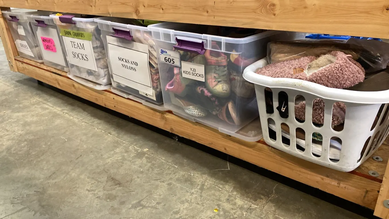 GROUP OF 6 PLASTIC BINS OF ASSORTED SHOES, SOCKS AND NYLONS