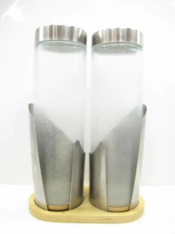 PAIR GLASS KITCHEN CANISTERS ON WOOD & METAL STAND