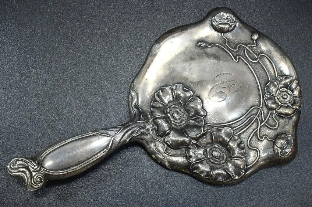 STERLING ART NOUVEAU UNGER BROTHERS HAND MIRROR