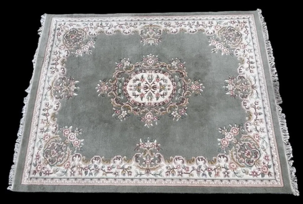 INDIAN GREEN & WHITE 100% WOOL PILE AREA RUG