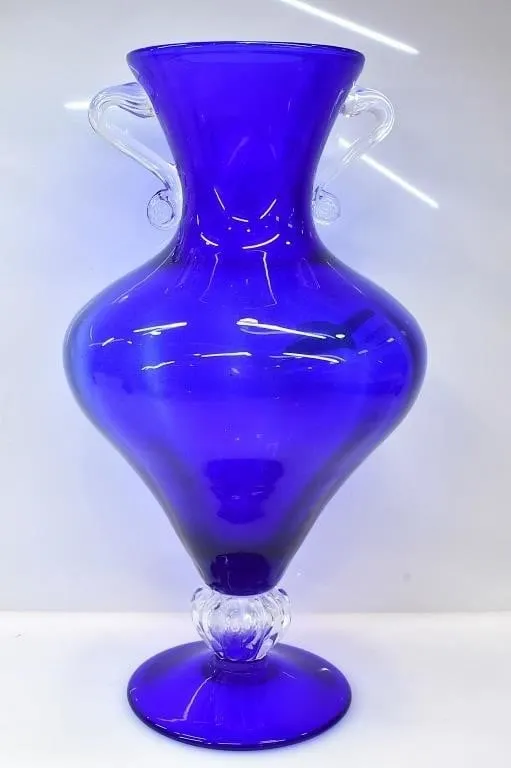 COBALT BLUE HAND-BLOWN AMPHORA VASE