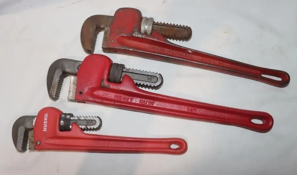 2) 14" Pipe Wrenches & 1) 10" Husky Pipe Wrench