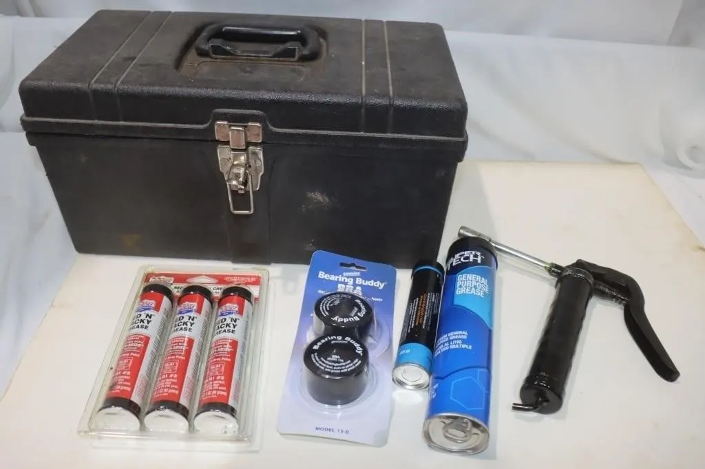 Tool Box w/ Grease Gun & Lubricants: