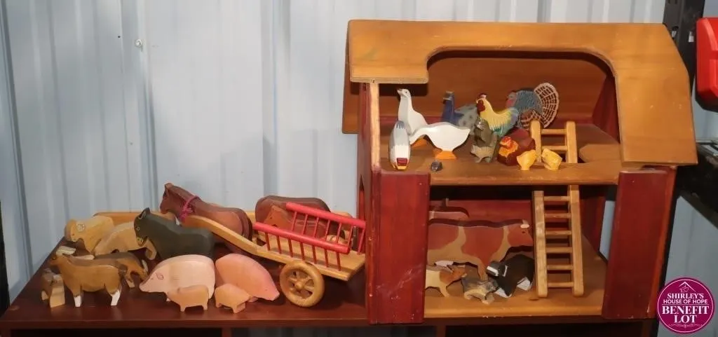 Vintage Hand-Carved Wooden Farm Playset