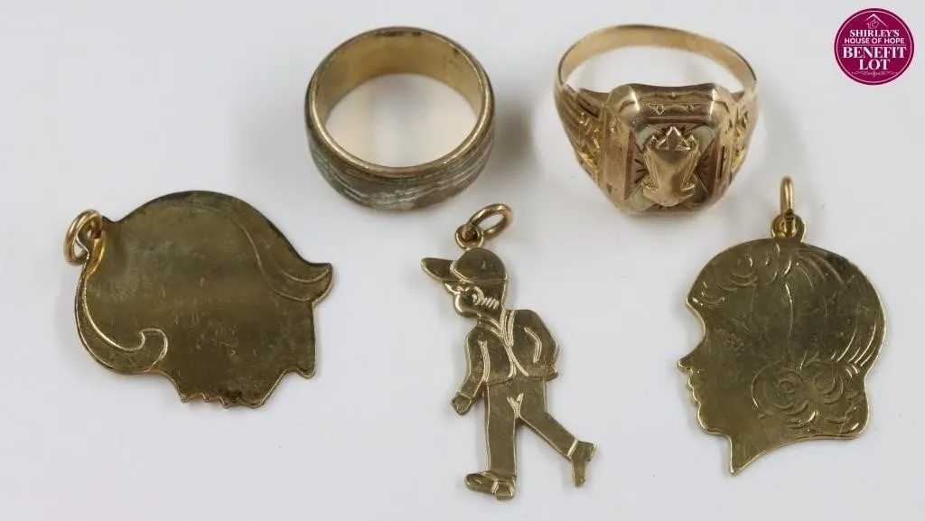 H.J 10K Gold Ring Vintage Charms, &
