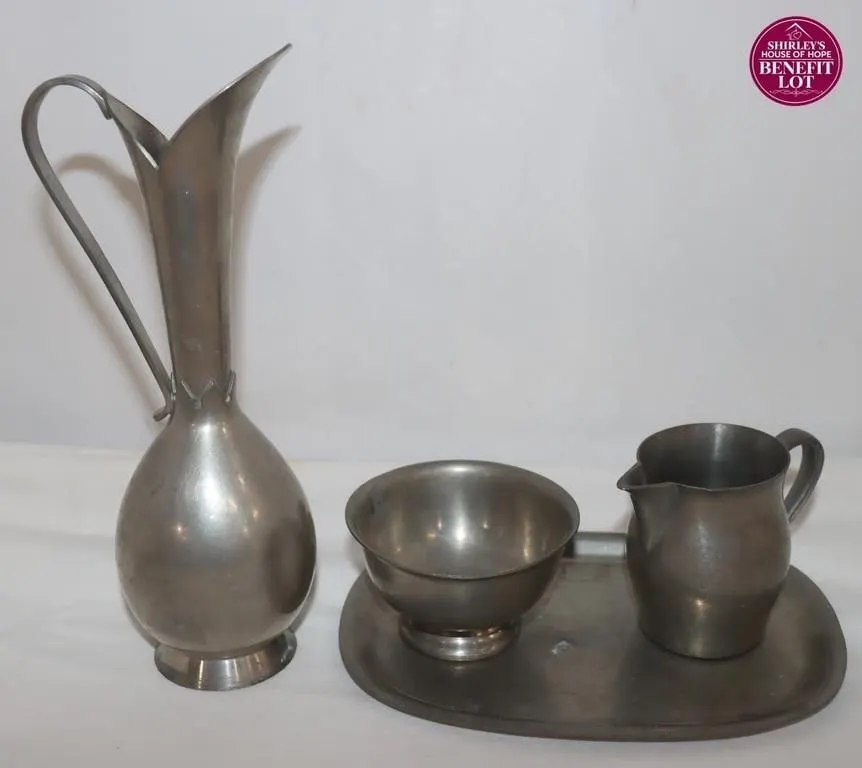 Pewter Pitcher, Sugar and Creamer, & Tray: