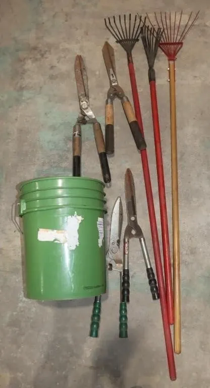 Hedge Shears, Loppers, Rakes, & Plastic Bucket