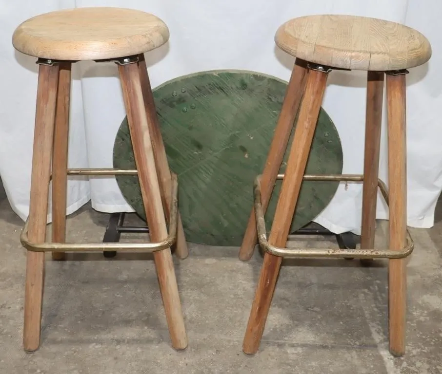 2 Wooden Bar Stools w/ Circular 4 Wheel Cart