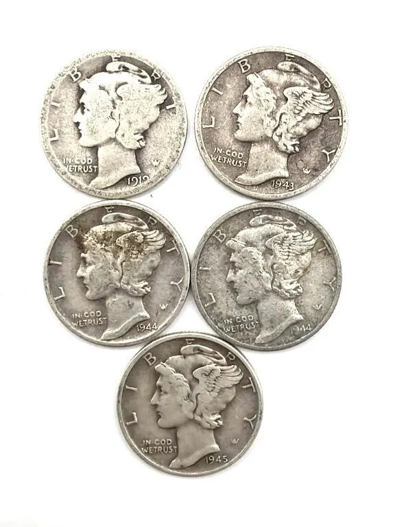 (5) Mercury Dimes : 1919-D, 1941-D, 1944-D, and