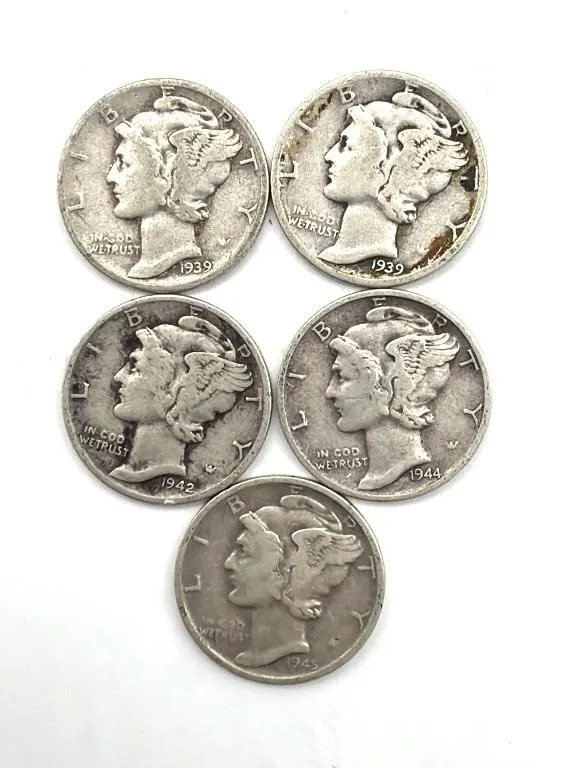 (5) Mercury Dimes : 1939, 1942, 1944, and 1945-S