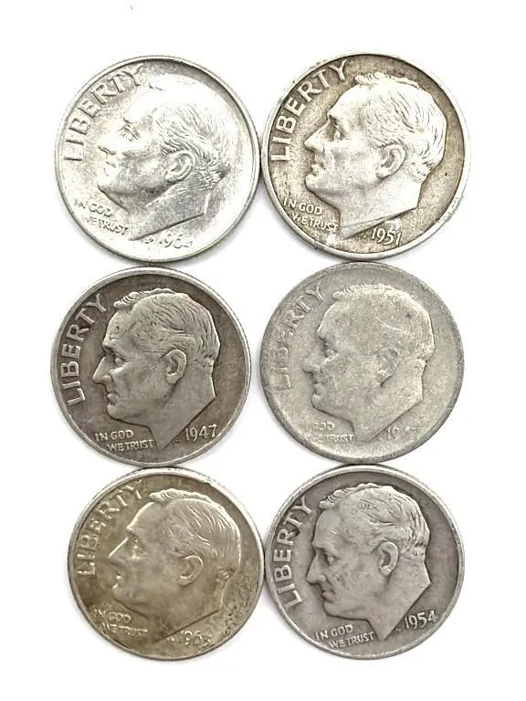(6) Silver Roosevelt Dimes : 1947, 1951, 1954,