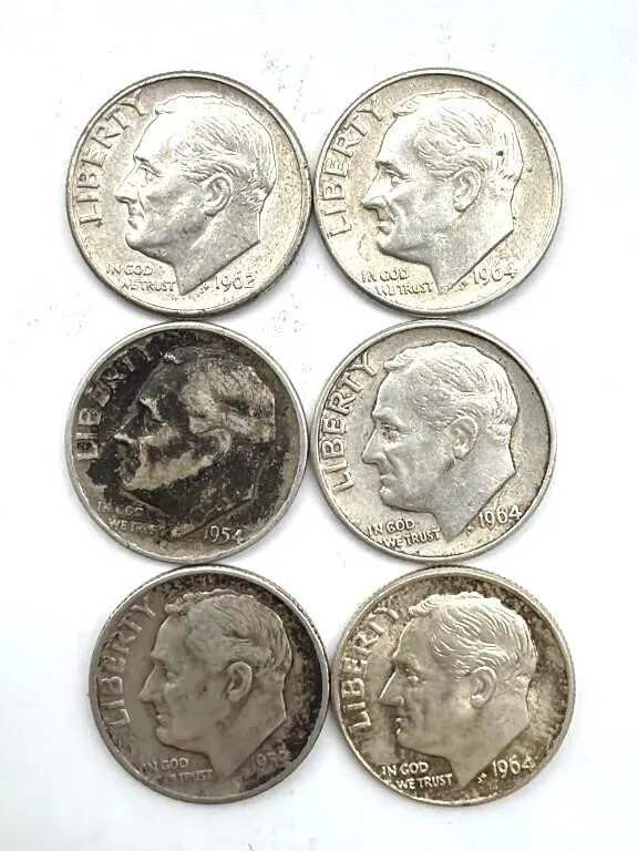 (6) Silver Roosevelt Dimes : 1952, 1954, 1962,