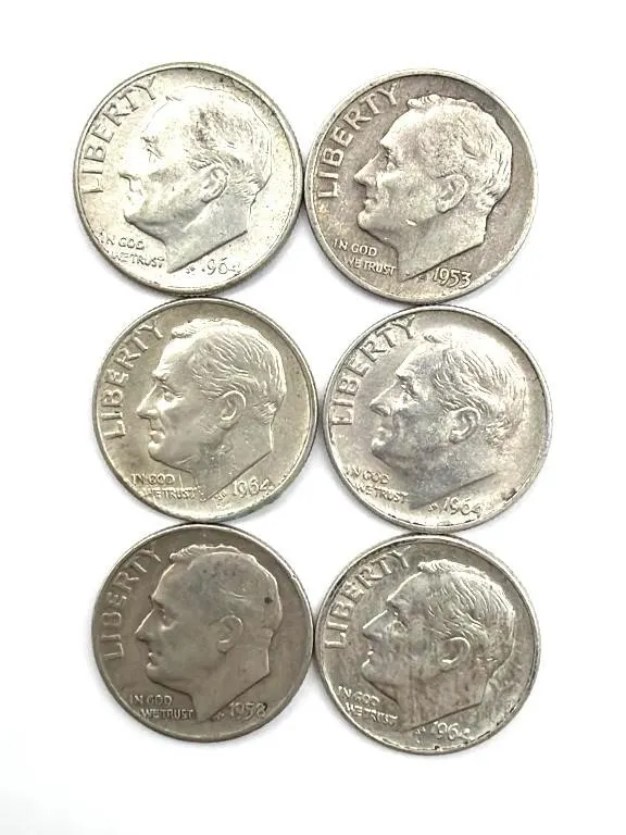 (6) Silver Roosevelt Dimes : 1953, 1958, and 1964