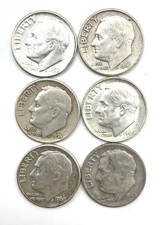 (6) Silver Roosevelt Dimes : 1949, 1956, 1959,