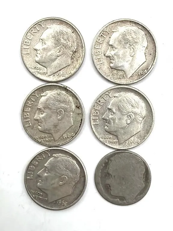 (6) Silver Roosevelt Dimes : 1961, 1962, 1964,