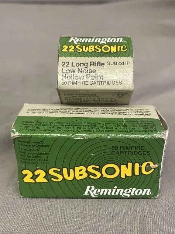 Two open boxes of Remington 22 Subsonic .22 cal.