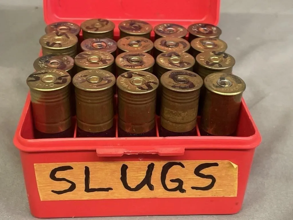 Twenty Winchester and Imperial 12 ga. slugs in a