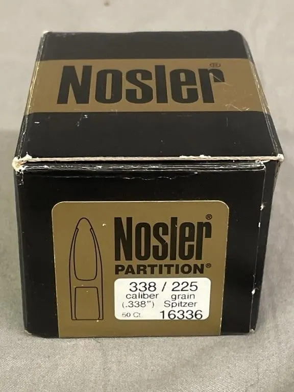 Open box of 28 Nosler .338 cal. Partition
