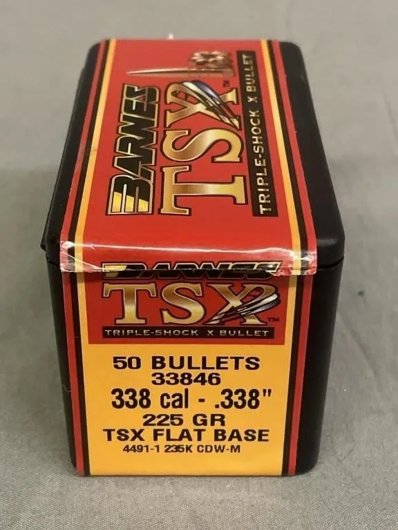 Open box of 28 Barnes TSX .338 cal. bullets. 225
