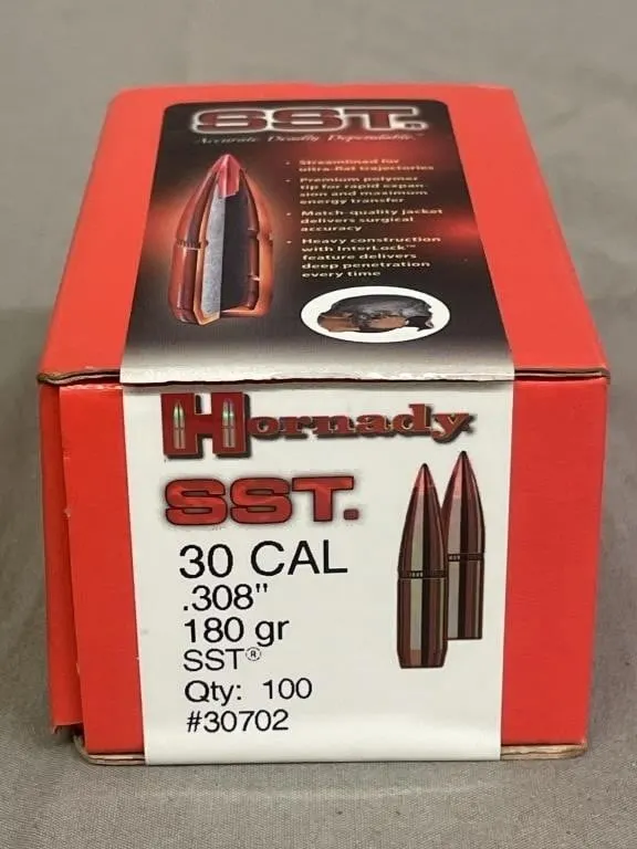 Open box of 91 .308 cal. Hornady SST cartridges.