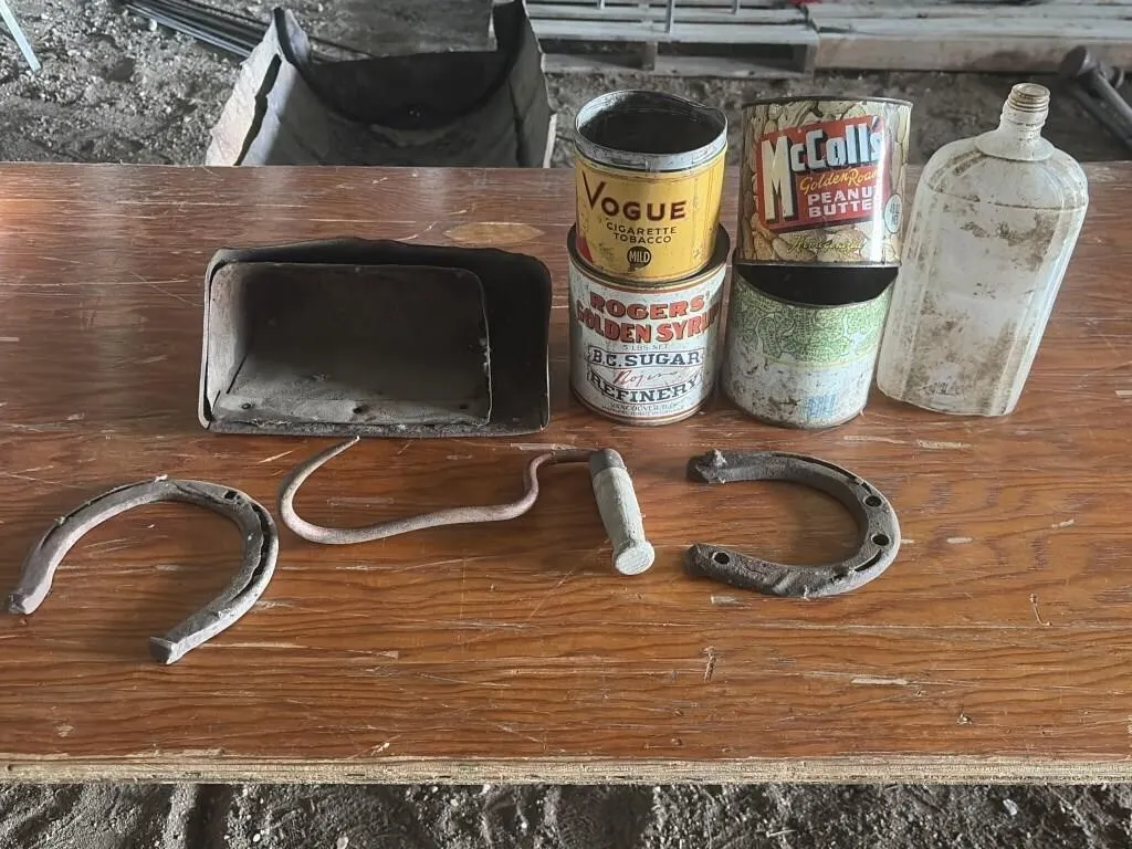 Vintage Tins, Horse Shoes, Glass Bottle & more