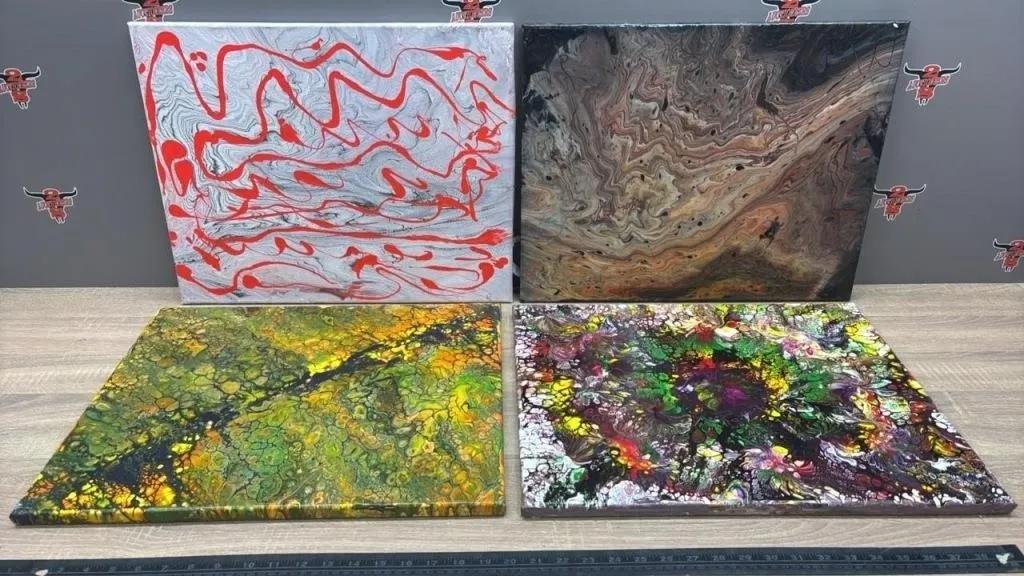4 Handmade Abstract Paint Pour Canvas 20�W x