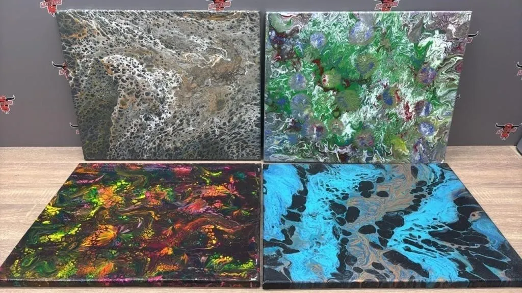 4 Handmade Abstract Paint Pour Canvas 20�W x