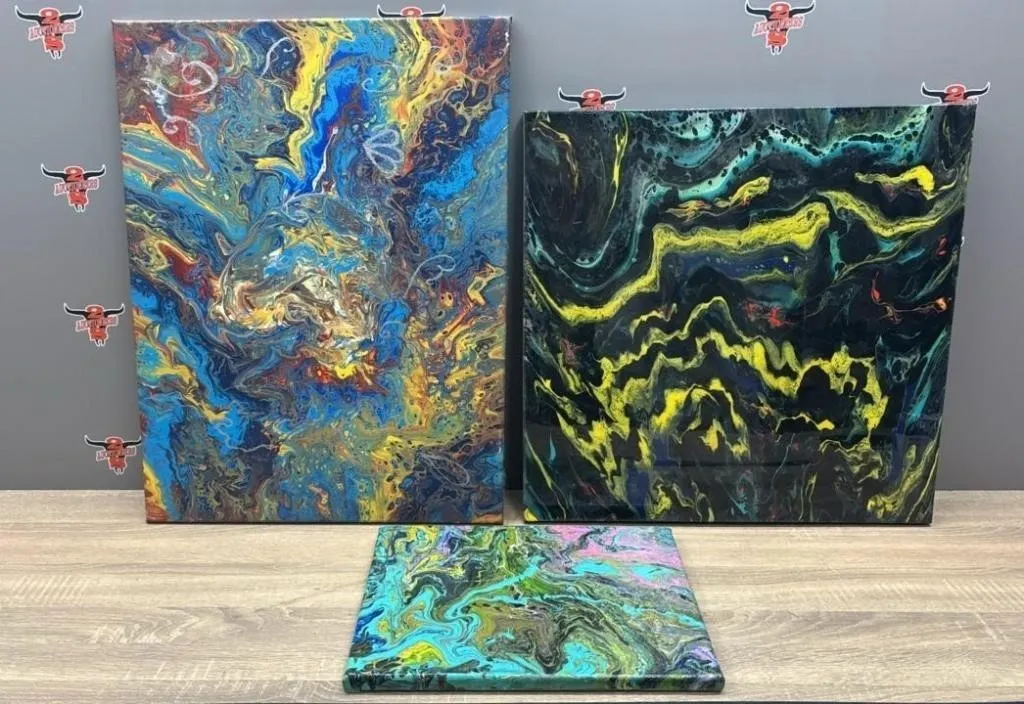 3 Asst. Handmade Abstract Paint Pour Canvases.
