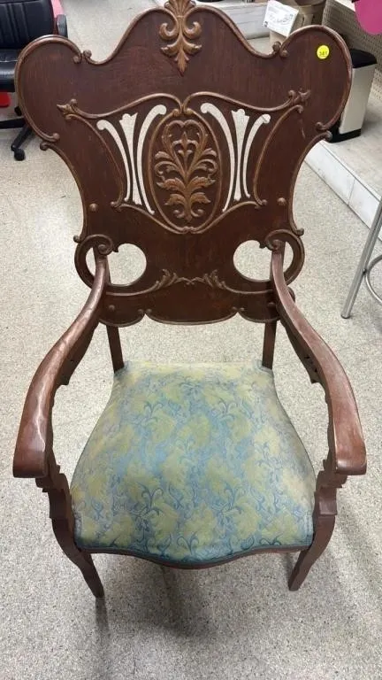 Antique Wood Armed Chair w/Spring Seat.