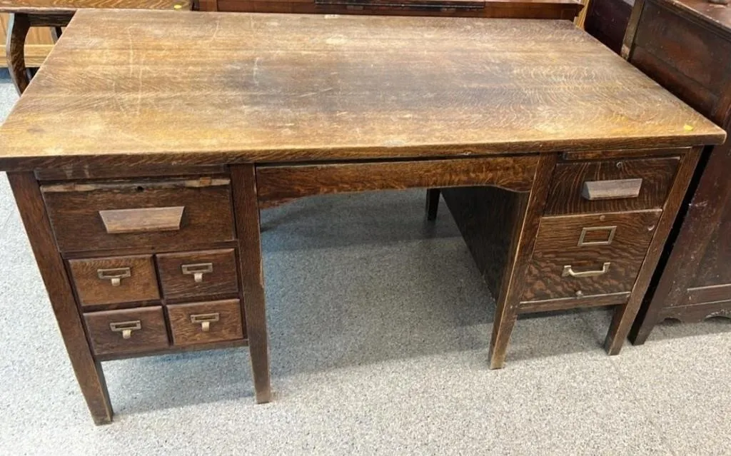 Heavy Oak Desk w/File Card Drawers. 60"W x 34"D x
