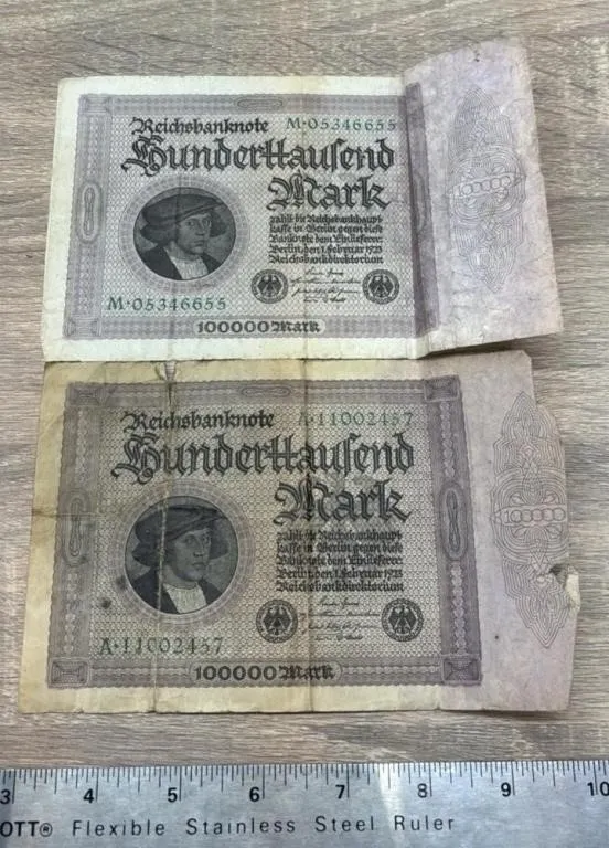 2, 100,000 Mark German Banknotes Issued Feb 1923.
