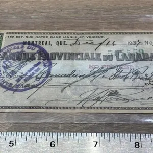 1937 Bank Issued Cheque For  Purchase of Live